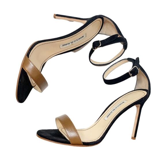 Manolo Blahnik Chaos High Heels in Two Tone Black Suede Tan 105 MM Sandals 39.5 - Picture 2 of 9